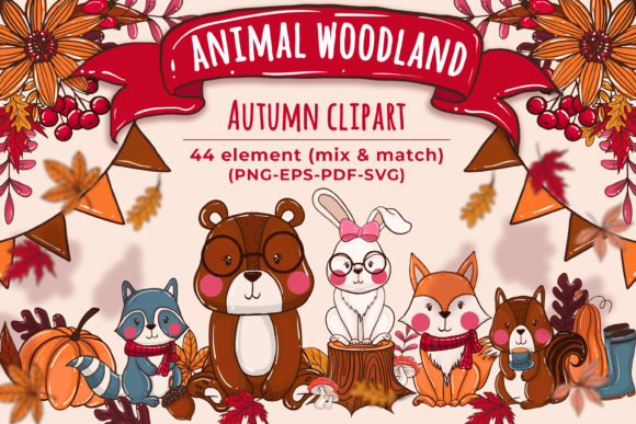 Animal Woodland Element Autumn Clipart: Graphics & Illustrations