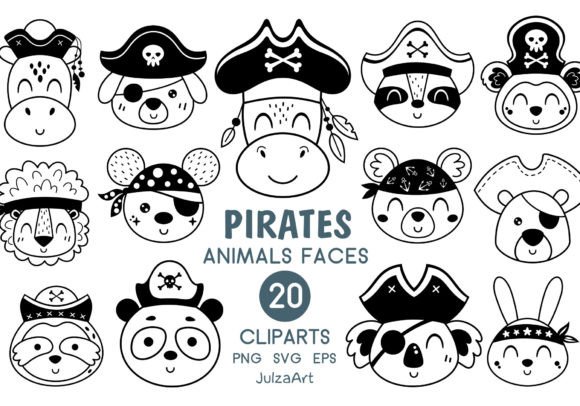 Black Pirate Animal Faces Clipart: Graphics & Illustrations