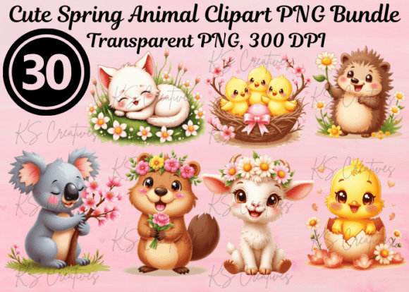 Cute Spring Animal Clipart PNG Bundle: Graphics & Illustrations