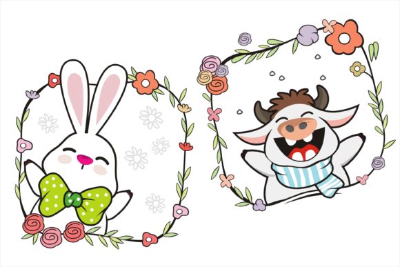 Happy Animal with Beauty Wreath Flower Graphics